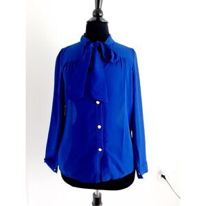 Womens Royal Blue Semi- Sheer Chiffon Tie Neck Casual Workwear LS Button Top S